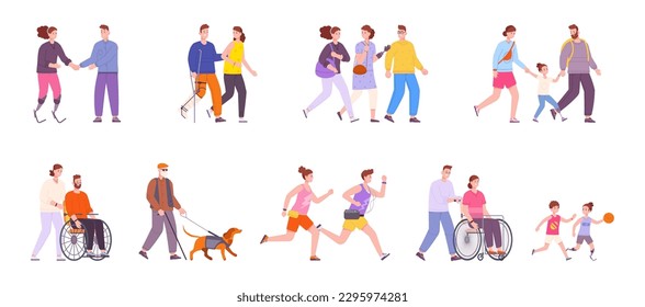 Disabled people partners. Disability person walking with young caretaker friends family, blind impaired character, man on crutches wheelchair, splendid vector illustration of socialization physical