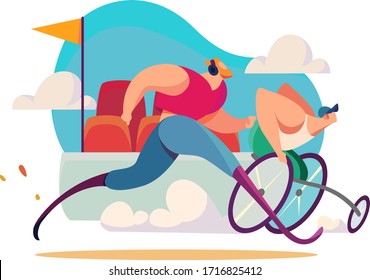 Disabled people perform at competitions, runners with prosthetics concept and vector illustration on white background. Assistance in rehabilitation of disabled person. Paralympics game. Cartoon style.
