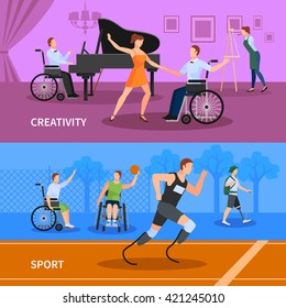 Disabled people practicing sport and leading full creative life 2 flat banners composition abstract isolated vector illustration