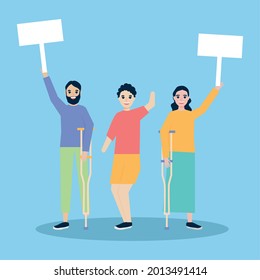 disabled people protesting on blue background