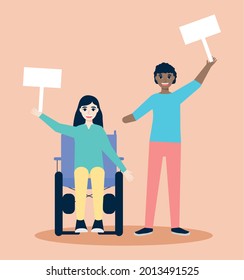 disabled people protesting on orange background