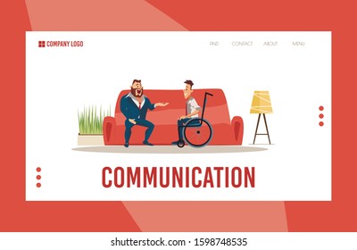 Disabled People Psychological Help and Supporting for Adaptation in Society Trendy Flat Vector Web Banner, Landing Page. Man in Business Suit Talking with Disabled Guy in Wheelchair Illustration