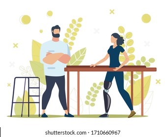 Disabled People Rehabilitation Trendy Flat Vector Concept. Woman with Disability, Learning to Walk on Prosthesis After Leg Amputation, Male Therapist Helping Patient on Parallel Bars Illustration