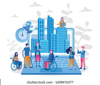 Disabled People remote work, Vector illustration for web banner, infographics, mobile. Disabled People work in office. 