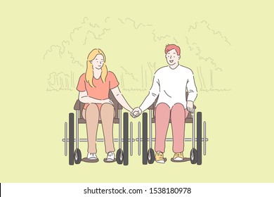 Disabled people, romantic relationship concept. Handicapped couple in park, young woman and man in wheelchairs, wife holding hands with husband, happy family spending time together. Simple flat vector