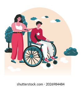 Disabled people scene concept. Woman carries handicapped man in wheelchair. Accessibility and rehabilitation invalid person, people activities. Vector illustration of characters in flat design