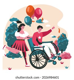 Disabled people scene concept. Woman carries handicapped man in wheelchair. Accessibility and rehabilitation invalid person, people activities. Vector illustration of characters in flat design