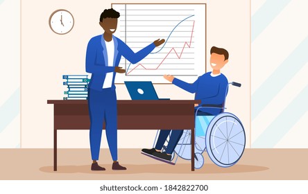 Disabled people self realization concept. Handicapped man in wheelchair working with colleague in office. People discussing business graph. Flat cartoon vector illustration with fictional characters