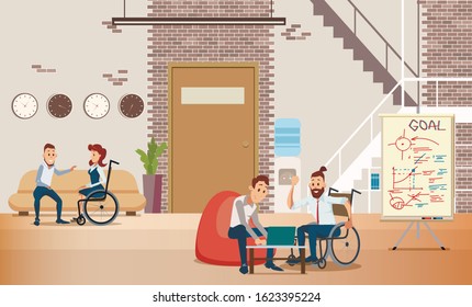 Disabled People Self-Realization and Job Opportunities Trendy Flat Vector Concept with Man in Wheelchair, Handicapped Company Employee, Working in Coworking Office with Colleagues Illustration