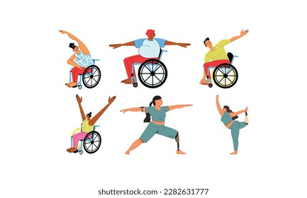 Disabled people set. Disabled people in different situations. Flat vector illustration