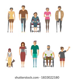 Disabled people set. Isolated people on wheelchair, blind, handicapped character icon collection. Man, woman with disability. Disabled person with prosthesis, crutch. Health care vector illustration