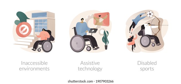 Disabled People In Social Environment Abstract Concept Vector Illustration Set. Inaccessible Environments, Assistive Technology, Disabled Sports, Public Place Access, Parasport Abstract Metaphor.