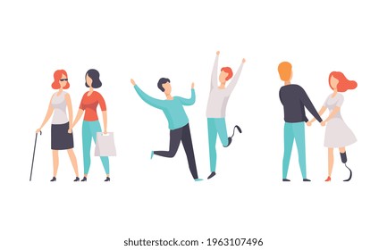 Disabled People Spending Good Time with their Friends Set, Happy People with Disability Flat Vector Illustration