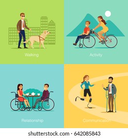 Concepto cuadrado de personas discapacitadas de hombre ciego caminando con bicicleta especial de perro para viajar relación romántica y comunicación entre la ilustración vectorial inválida