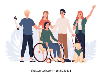 Disabled people standing together. Disabled people living active life concept, ableism and devirsity. People with prosthesis and in wheelchair, deaf-mute and blind. Flat vector illustration