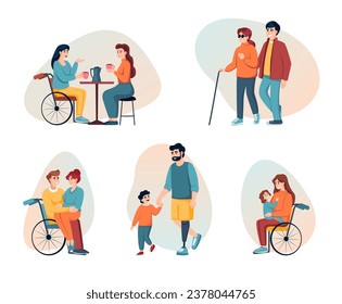 disabled people support. cartoon minimalistic characters supporting, communicate with handicapped people in wheelchair, sick persons life. vector cartoon flat characters collection.