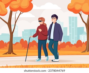 disabled people support. cartoon minimalistic character supporting handicapped people, sick person life. vector cartoon characters concept background.