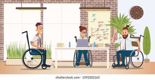 Disabled People Teamwork and Cooperation in Work Trendy Flat Vector Concept with Men and Woman, Female, Male Employees in Wheelchairs Working Together in Office, Planning Project Illustration