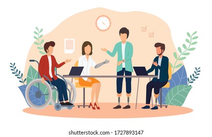 Disabled People Teamwork and Cooperation in Work Trendy Flat Vector Concept with Men and Woman, Female, Male Employees in Wheelchairs Working Together in Office, Planning Project Illustration.