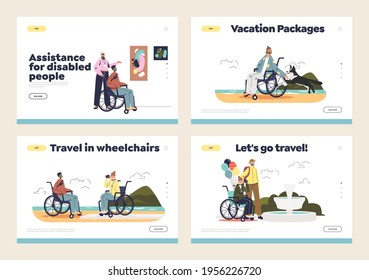 Disabled people travel in wheelchair concept of set of landing pages with handicapped tourists. Young disable travelers on vacation. Cartoon flat vector illustration