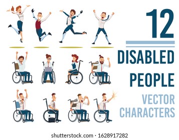 Disabled People Trendy Flat Vector Characters Set Isolated on White Background. Happy and Joyful Men and Woman with Disabilities Sitting in Wheelchair, Jumping with Leg Robotic Prosthesis Illustration