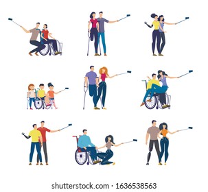 Disabled People Trendy Flat Vector Characters Set Isolated on White Background. Paralyzed or Paraplegic Woman and Man in Wheelchair, Injured Persons on Crutches and Children on Prosthesis Illustration