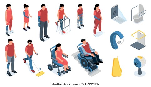 Disabled people using modern smart technology isometric icons set with prosthetic limbs nose eye wheelchair walkers hearing aid isolated vector illustration