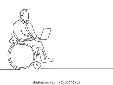 Disabled people using wheelchair. Continuous one line drawing. Working man with laptop.