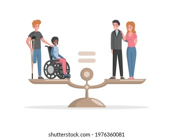 Disabled people and valid people standing on scales vector flat illustration. Invalids equal in rights in the balance with healthy people. Equal rights for everyone in work and business.