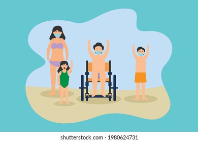 Disabled people vector concept: Disable father swimming together with his family while wearing face mask in new normal 