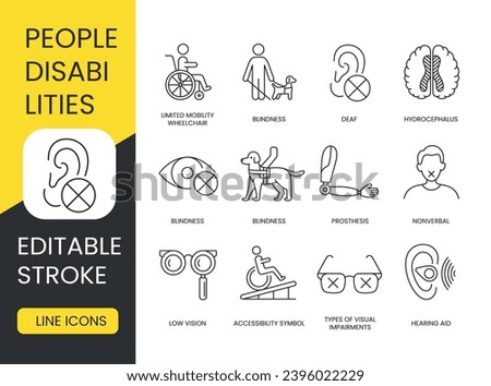 Disabled people, vector line icons set with editable stroke, wheelchair and cane, guide dog, and hearing aid, sign language and blindness, deafness and autism, intellectual disability