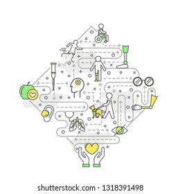 Disabled people vector poster banner template. Blind, handicapped man in wheelchair, runner on artificial legs, hearing aid, arm and leg prosthesis stick crutcher thin line flat icons in rhombus shape