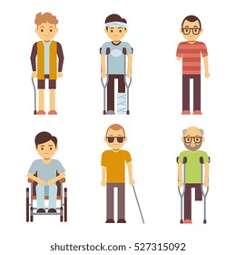 Disabled people vector set. Old and young invalid persons.