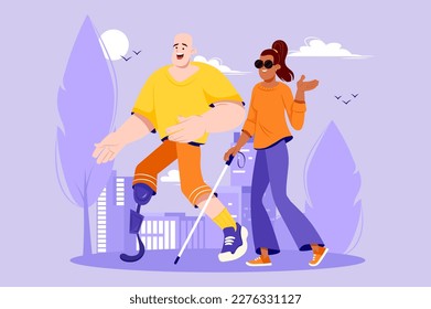 Disabled people violet concept with people scene in the flat cartoon design. People with different disabilities decided to go for a walk together and have fun. Vector illustration.