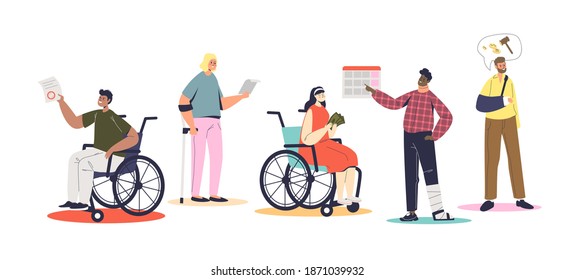 Disabled people waiting for disability allowance payments. Invalid men and women and financial insurance and support concept. Cartoon flat vector illustration