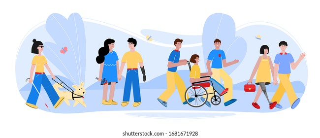 Disabled people walking with friends in summer nature