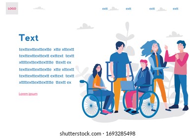 Disabled people, wheelchair. Group of disabled people. Vector illustration for web banner, infographics, mobile. Friends together