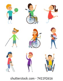 Disabled people. Wheelchair for kids. Children with disability. Vector characters in cartoon style. Disabled child in wheelchair, character handicapped kids illustration