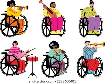 Personas con discapacidad en silla de ruedas tocando instrumentos musicales, ilustración vectorial plana aislada.