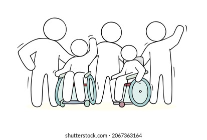 Disabled people in wheelchairs and caregivers waving hands. Vector doodle sketch with elderly, sick or paraplegic patients in wheel chairs and hospital workers. Concept of care for handicaps