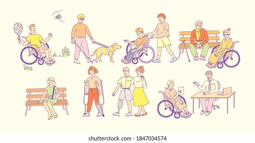 Personas discapacitadas con sillas de ruedas. Personas con piernas artificiales, con muletas, ciegos con perro guía. Niños, ancianos con discapacidades se comunican, juegan al deporte, viven la vida entera, vector plano