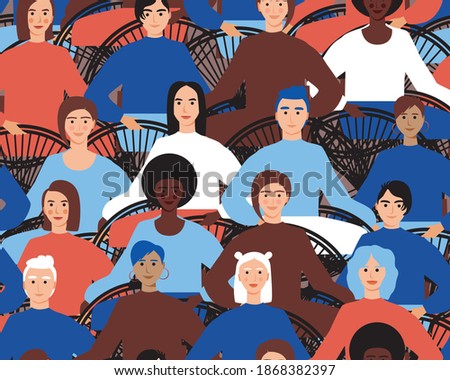 Disabled people in wheelchairs seamless pattern. Flat vector stock illustration. Concept of the parade of disabled people, disabled community. Illustration with men, women in wheelchairs