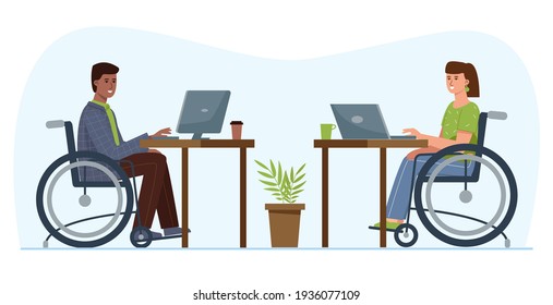 Disabled people work in the office. Available employment for people with special needs.