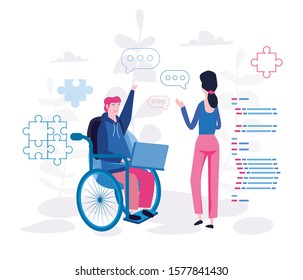 Las personas con discapacidad trabajan en la oficina, ilustración vectorial para banner web, infografía, móvil. hombre con discapacidades sentado en silla de ruedas tomando contrato de contratación, empleado inválido.