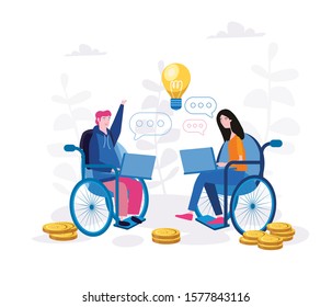 Disabled people work in office, Vector illustration for web banner, infographics, mobile. man and woman with disabilities sitting in wheelchair taking hiring contract , Invalid employee.