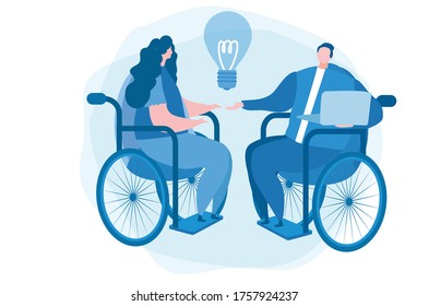 Disabled people work together have idea for startup.  world disability day, people on wheelchair, . Vector illustration for web banner, infographics, mobile.