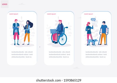 Disabled people work together in the office, world disability day, Template for mobile app page, handicapped persons. Vector illustration for web banner, infographics, mobile