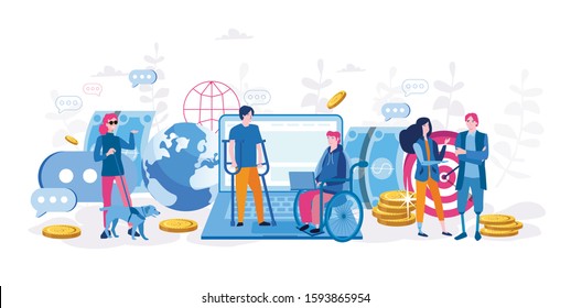 Disabled people work together in the office, world disability day, handicapped persons. Vector illustration for web banner, infographics, mobile