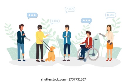 Disabled people work together in the office, world disability day, handicapped persons. Vector illustration for web banner, infographics, mobile.