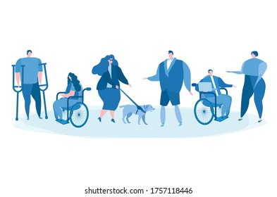 Disabled people work together in the office, world disability day, handicapped persons. Vector illustration for web banner, infographics, mobile, men and women with special needs